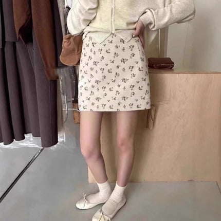 Corduroy Skirt for Women Spring & Fall New Style Invisible Zipper Floral Design A-Line Skirt Petite m Hip-Hugging Short Skirt