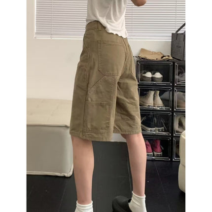 American Military Green Workwear Five-Point Jeans for Women Summer 2025 New Medium Pants Straight Sycamore Wide-Leg Shorts
