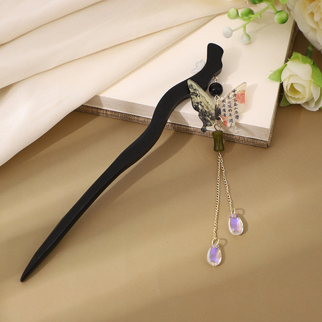 Antique Hairpin Step Tassel Wood Hairpin Imitation Ebony Headwear Disc Hair Simple Accessories Ancient Dress Hairpin Women's Hair