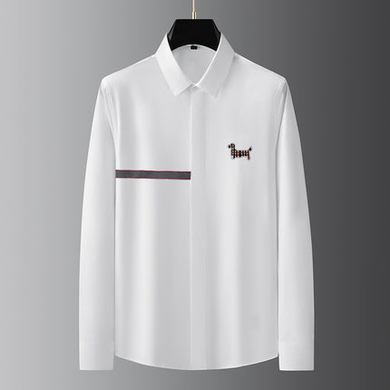 Men's Luxury European Style Slim-Fit Tencel Cotton Non-Iron Fashion Business Shirt with Embroidered Dog Design Long-Sleeve Men's Shirt