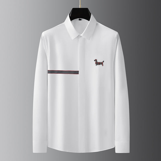 Men's Luxury European Style Slim-Fit Tencel Cotton Non-Iron Fashion Business Shirt with Embroidered Dog Design Long-Sleeve Men's Shirt