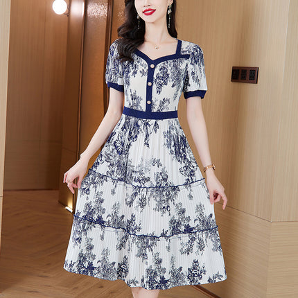 Miyake Pleats 2025 Summer New Fashionable Elegant Square Neck Printed Pleated Skirt Waist-Slimming Magic Dress