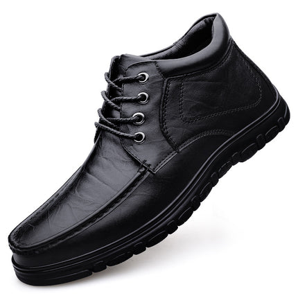 Autumn Front Lace-up Sleeve Casual Leather Shoes Men's Low-top Korean-style Black Round Toe Flat Heel Solid Color Top Layer Cowhide Tooling