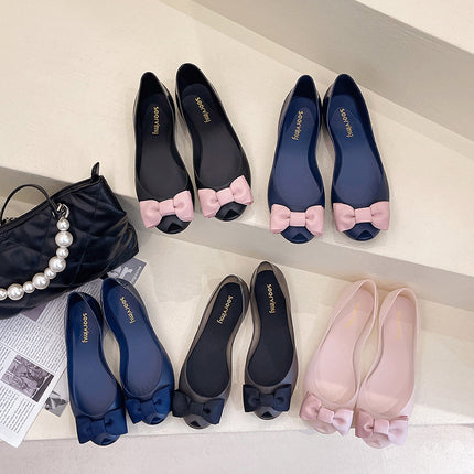 Flat shoes soft bottom women's summer rubber plastic shoes shallow mouth Black breathable non-slip bow fish mouth jelly shoes foreign trade
