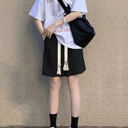Black Sports Shorts for Women, Summer Thin High-Waisted Casual Straight Mid-Length Loose Wide-Leg Cool Five-Point Shorts