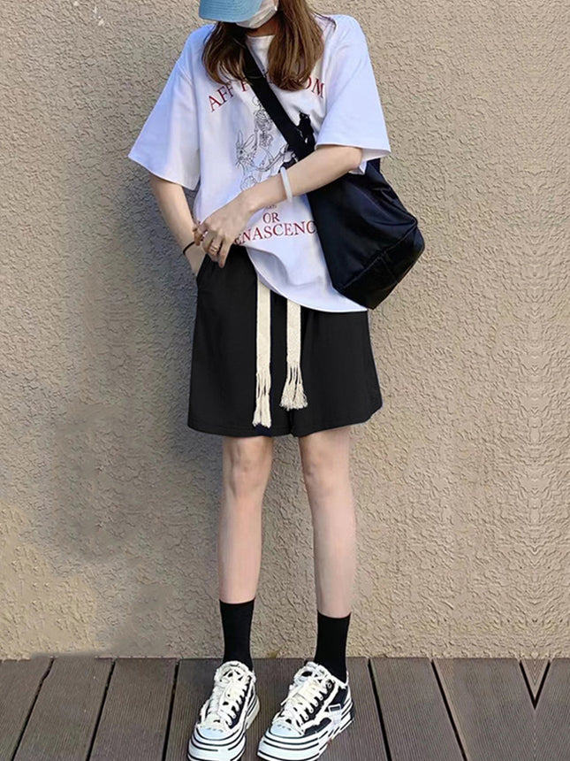 Black Sports Shorts for Women, Summer Thin High-Waisted Casual Straight Mid-Length Loose Wide-Leg Cool Five-Point Shorts