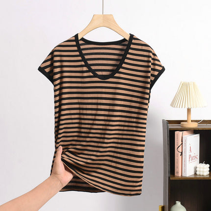 Cross-border Loose plus size Modal Sleeveless Round Neck Striped T-shirt Summer Thin Loose Slimming Casual Base Shirt