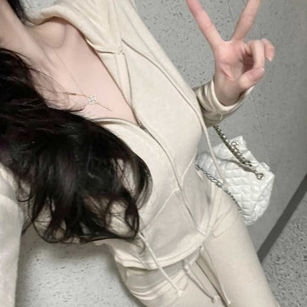 South Korea Dongdaemun Simple Slim-fit Sexy Figure Temperament Hooded Jacket Casual Pants Two-piece Suit for Women