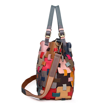 Genuine Leather Women's Bag Cowhide Ethnic Style Color European and American-style Woven Handbag Shoulder Crossbody Beach Bag Vegetable Basket Bag
