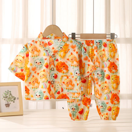 Children's Home Clothes Cotton Silk Suit Summer Boys and Girls Pajamas Artificial Cotton Two-Piece Set Cotton Silk Air-Conditioned Clothes Kidsren's Clothing