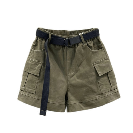 American-Style Military Green Pocket Cargo Denim Shorts for Women, 2025 New Summer High-Waisted Loose A-Line Wide-Leg Hot Pants