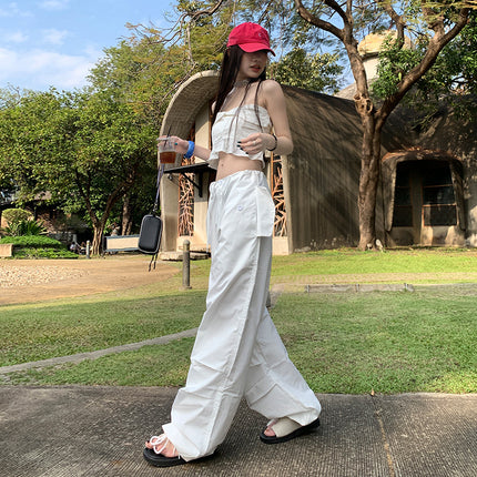 White High-Waist Loose Drawstring Wide-Leg Overalls Women's Spring and Summer New Loose Slimming All-Match Hanging Casual Pants for Women