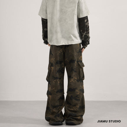 Jiamu American High Street Camouflage Casual Cargo Pants for Men and Women with Three-Dimensional Cut and Multi-Pocket Design, Unisex Straight Fit