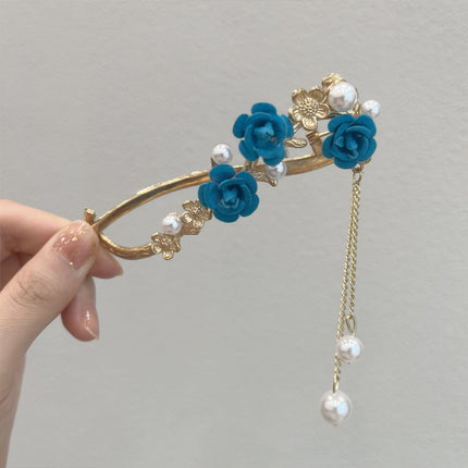 Red flocking plum blossom hair buckle clip headdress female summer tassel one-word hairpin back head hairpin hair clip