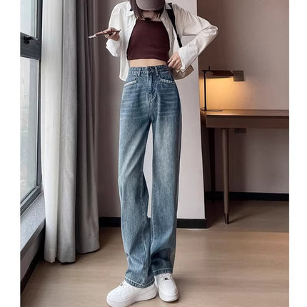 High-Waist Wide-Leg Jeans Women's 2024 Summer plus size Loose Slim-Fit Sag Narrow Straight Contrast Pants