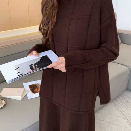 European and American Style Knitted Sweater Set for Women, Autumn and Winter Two-Piece Set, Half-High Collar Pullover Sweater and Solid Color Casual Skirt Set