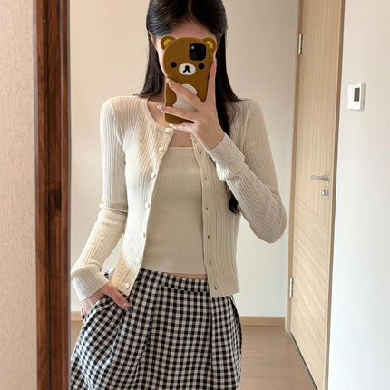 2026 New Early Spring Outfit: a Complete Set of Korean-Style Gentle Knit Cardigan and Plaid Suspender Skirt Set