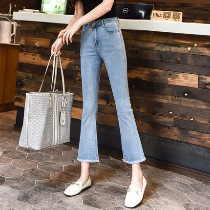 American Style light blue High Waist Micro-Lar Jeans Women's Summer 2025 New Style Small Nine-point Slim Fit Horn Pants