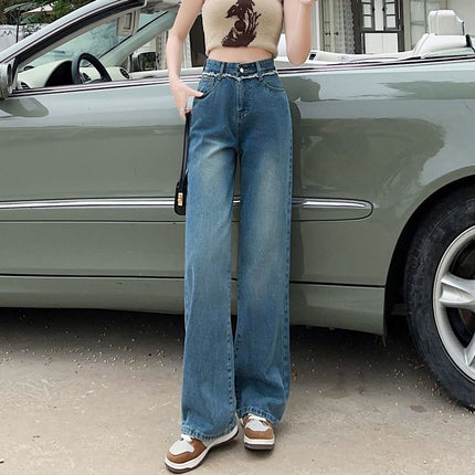 Fashion Rap Edge High Waist Small Straight Wide Leg Denim Trousers Women's Internet Celebrant Retro Rear Pocket Contrast Color Mop Pants