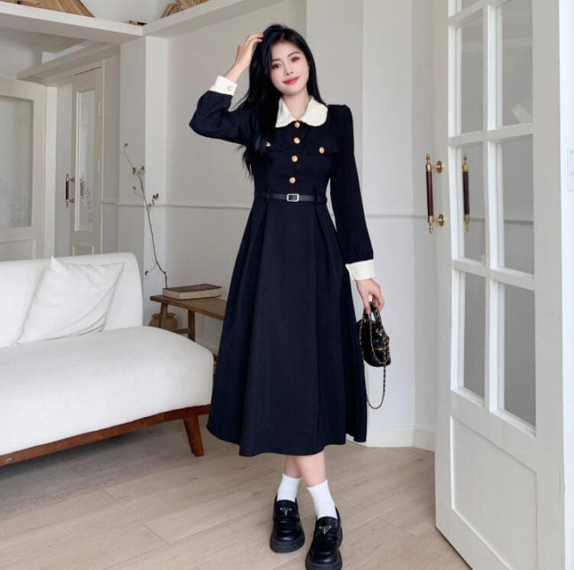 Plus size Hepburn holiday niche temperament slimming French lapel black dress tight waist color matching retro dress women