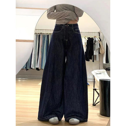 2025 Korean Women's dark blue Wide Leg Pants High Street New Design Sense High Waist Denim Pants Loose Mop