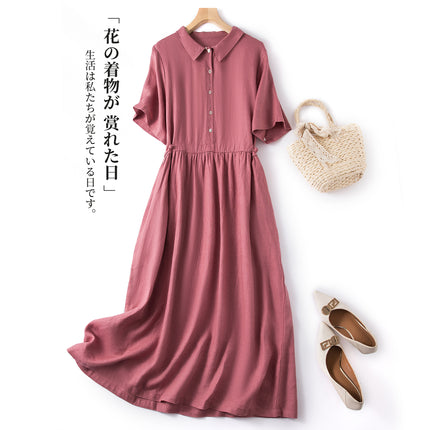 New Cotton and Linen Korean Style dress Women's 2024 Spring and Summer Short-sleeved Shirt Collar Artistic Retro Loose Single-breasted Long Dress