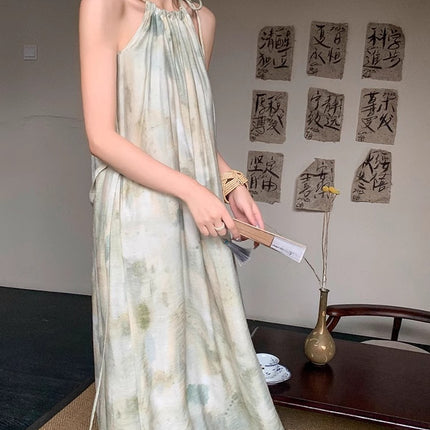 New Chinese Style Light Guofeng Dress Dye Green Unique Elegant Fashion Neck Dress Super Nice Niche Long Dress