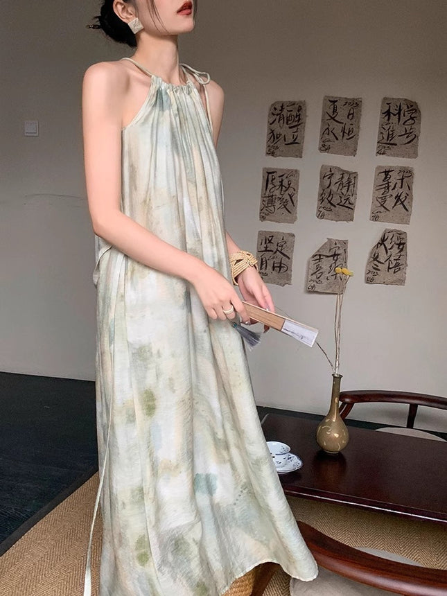 New Chinese Style Light Guofeng Dress Dye Green Unique Elegant Fashion Neck Dress Super Nice Niche Long Dress