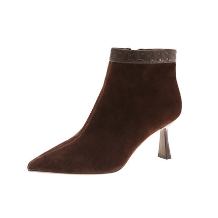 Sheepskin High-Heeled Pointed-Toe Short Boots for Women 2025 Autum New Retro Elegant Soft Single Boots Fashionable Casual Leather Boots