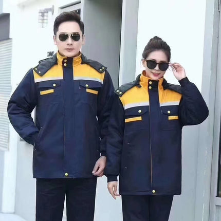 Winter Thickened Jacket, Mid-Length Workwear with Patchwork Shoulders, Cotton-Padded Jacket for Auto Repair, Construction Site, Factory, Cold Storage, and Warmth