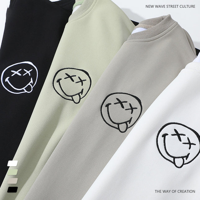 Smiley face embroidered heavy round neck sweater men's autumn new Japanese fashion brand all-matching boys plus size casual pullover