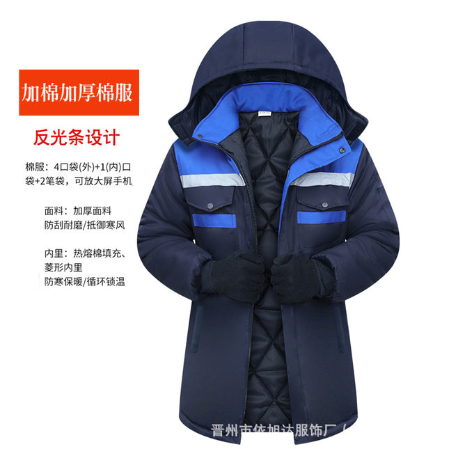 Winter Padded Thick Color-Blocked Decorative Cotton Jacket for Men, Hooded Workwear Cotton Coat with Custom Logo Printing