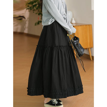 2025 New Summer Style Ear-Hem Elastic Waist Long Gentle Style A-Line Skirt Women's Hem Lace Splicing Skirt
