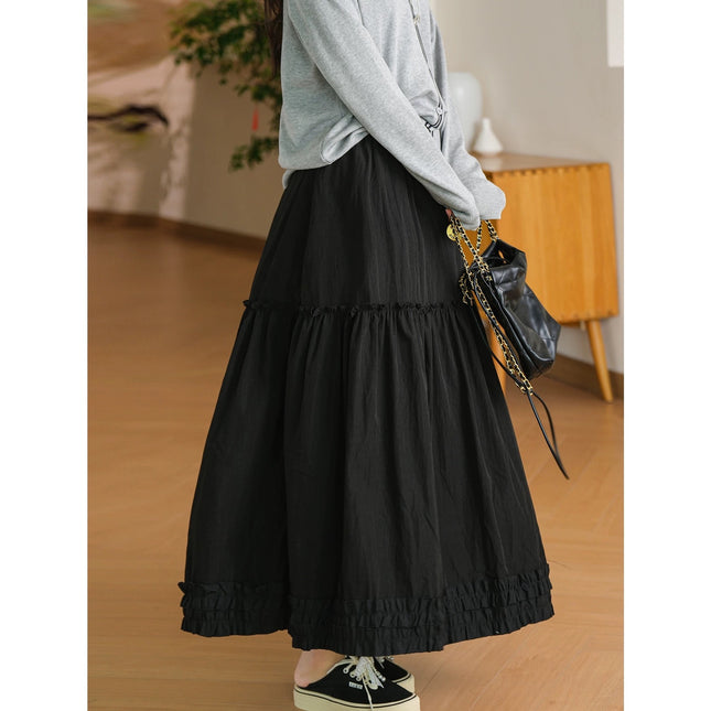 2025 New Summer Style Ear-Hem Elastic Waist Long Gentle Style A-Line Skirt Women's Hem Lace Splicing Skirt