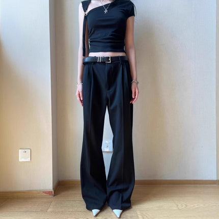 Trendy A-Line Three-Dimensional Pleated Mid-Line Commuter Versatile Drape Tr Blend Flared Trousers Basic Casual Long Pants