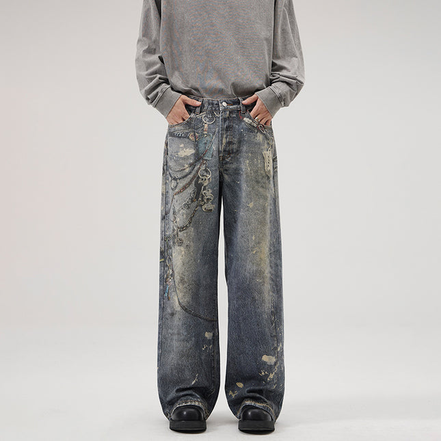 JIAMU Autumn and Winter AC Home Cut Digital Printed Jeans Men's Baggy Loose Straight Tube Personality in All-match Fashion Brand