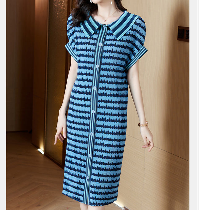 2025 Summer New Tea Break French Style Artistic Girl High Sense Polo Collar Green Striped Fashion Heart dress