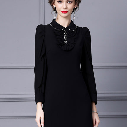 Elegant and Sophisticated Dress with a Doll Collar, French Style, Black, New Spring 2026 Collection, A-Line Midi Dress