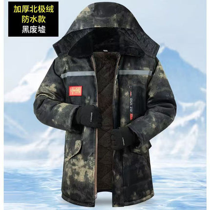 Winter Long-Sleeved Men's Reflective Multi-Functional Camouflage Cotton Jacket with Fleece Lining, Thickened, Mid-Length, Cold-Proof and Waterproof for Cold Storage