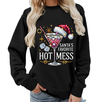 Amazon source hot mess wine glass printed round neck jacket sweater European size European and American women's coat long sleeve Asia