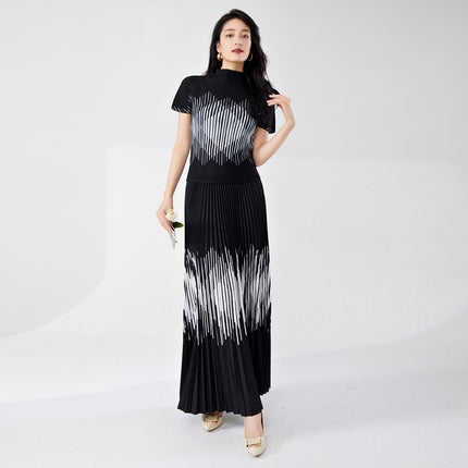 Cross-border Hot Sale Miyake Fashion suit High-end Women's Striped Slim-fit Slimming Short-sleeved T-shirt Pleated Skirt Two-piece Set