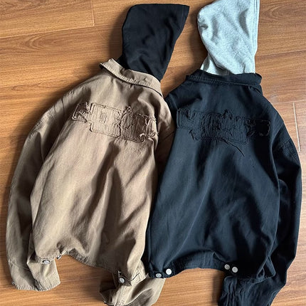 American Style Retro Fake Two-piece Design Sense Hooded Jacket Men's Spring New Fashion Brand cleanfit Short Jacket Top