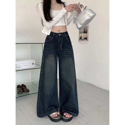 Spring New Retro dark blue Wide Leg Mop Jeans Women