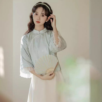 Women's Republic of China Style Student Suit Hanfu Tang Suit Improved Cheongsam suit Girlfriend Artistic Fresh Top Two-piece suit