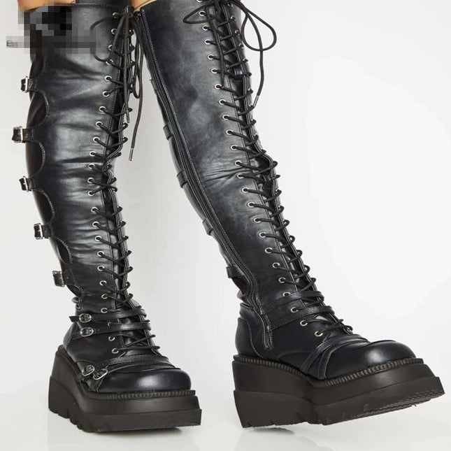 2021 new cross-border European and American plus size casual high boots Women's wedge lace-up belt buckle over-the-knee boots in stock