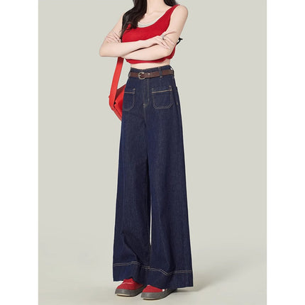 American Style dark blue Wide-Leg Jeans Women's 2025 Spring High Waist Pear-Shaped Slim-Fit Drop Loose Straight Pants