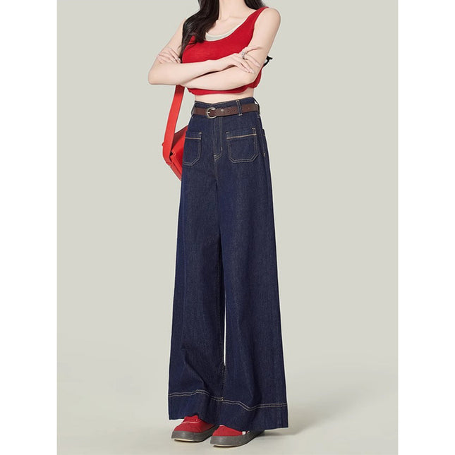 American Style dark blue Wide-Leg Jeans Women's 2025 Spring High Waist Pear-Shaped Slim-Fit Drop Loose Straight Pants