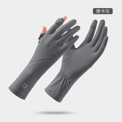 New spring and summer sunscreen gloves breathable thin driving cycling non-slip finger-free touch screen ice silk lengthened gloves wholesale