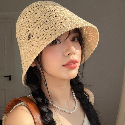 French Cut Out Woven Seaside Straw Hat for Women Summer Large Brim Sun Protection Hat Large Head Circumference Foldableable Fisherman Hat Trendy