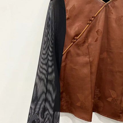 【Brown Robe】Silk Xiangyunsha Vintage Base Shirt for Women, Versatile Slimming Patchwork Top